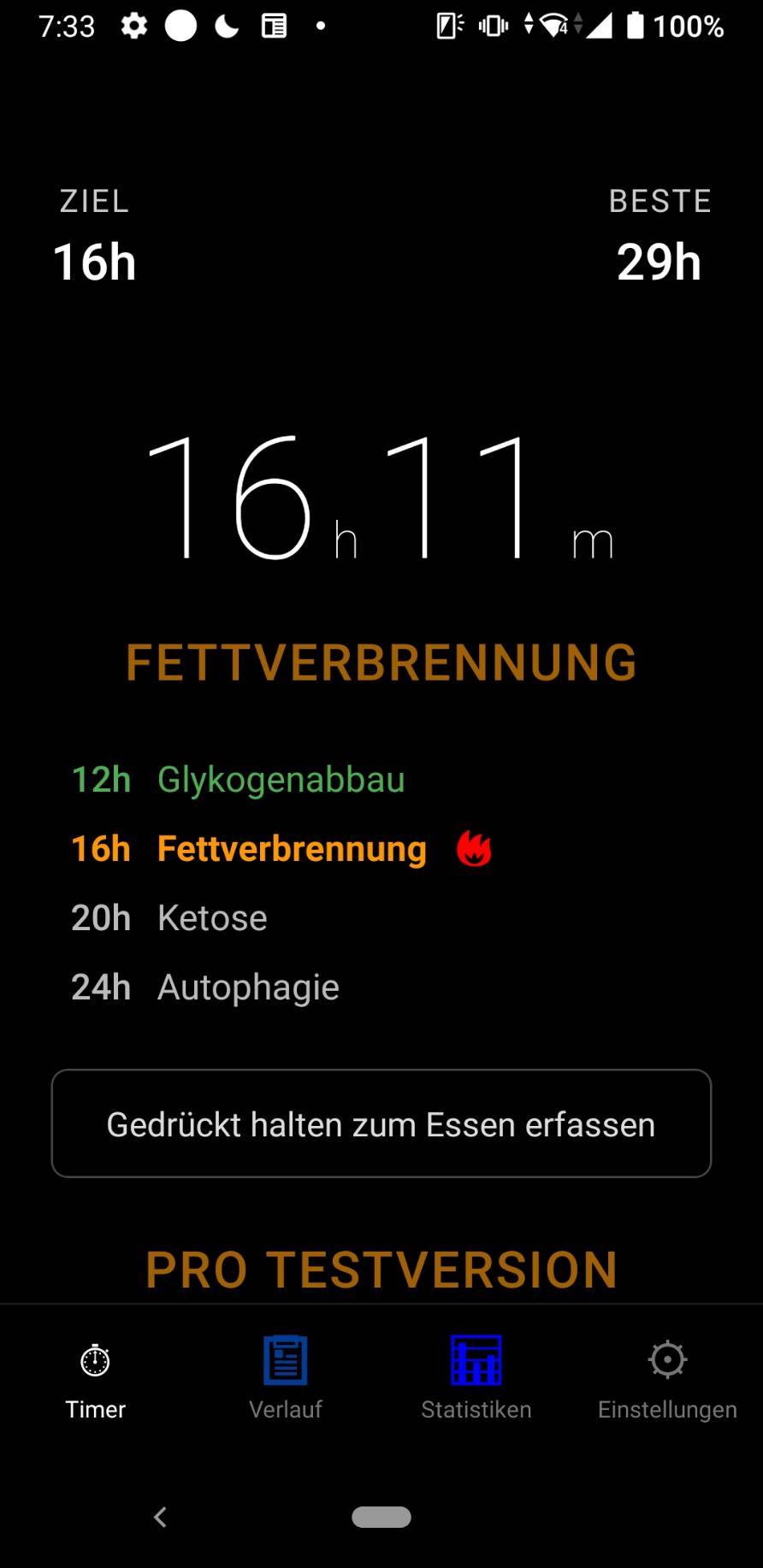 Timer mit Zeit seit der letzten Mahlzeit, Ziel und Taste zum Erfassen einer Mahlzeit