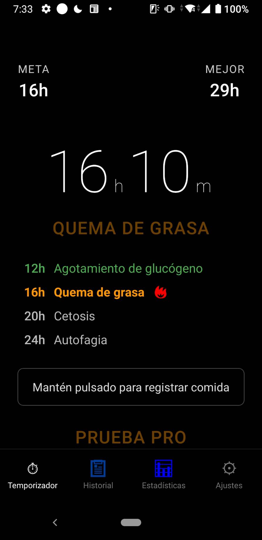 Temporizador con tiempo desde la última comida, objetivo y botón para registrar una comida