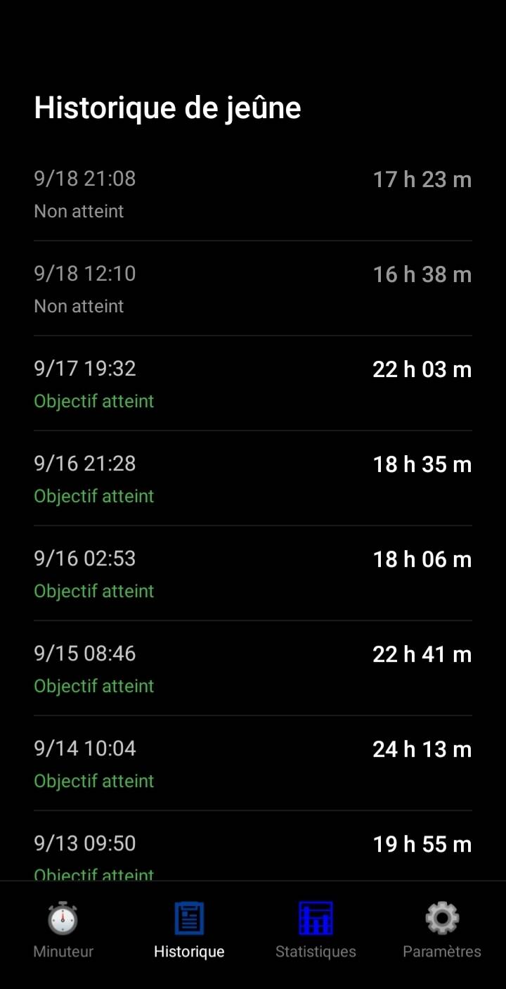 Consultez les dates, durées et objectifs atteints dans votre historique.