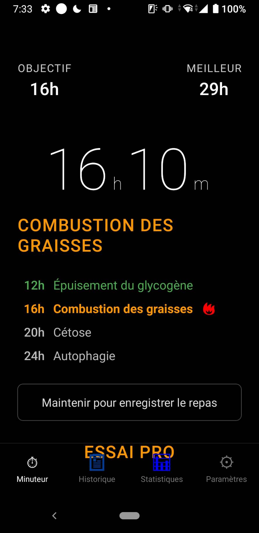 Minuteur avec temps depuis le dernier repas, objectif et bouton de saisie du repas