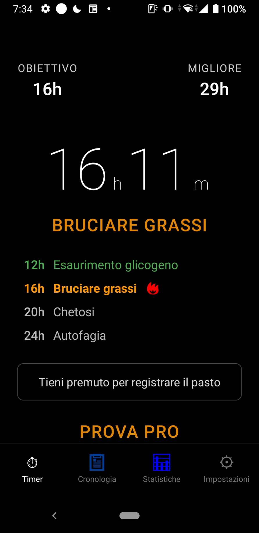 Timer con tempo dall’ultimo pasto, obiettivo e pulsante per registrare un pasto