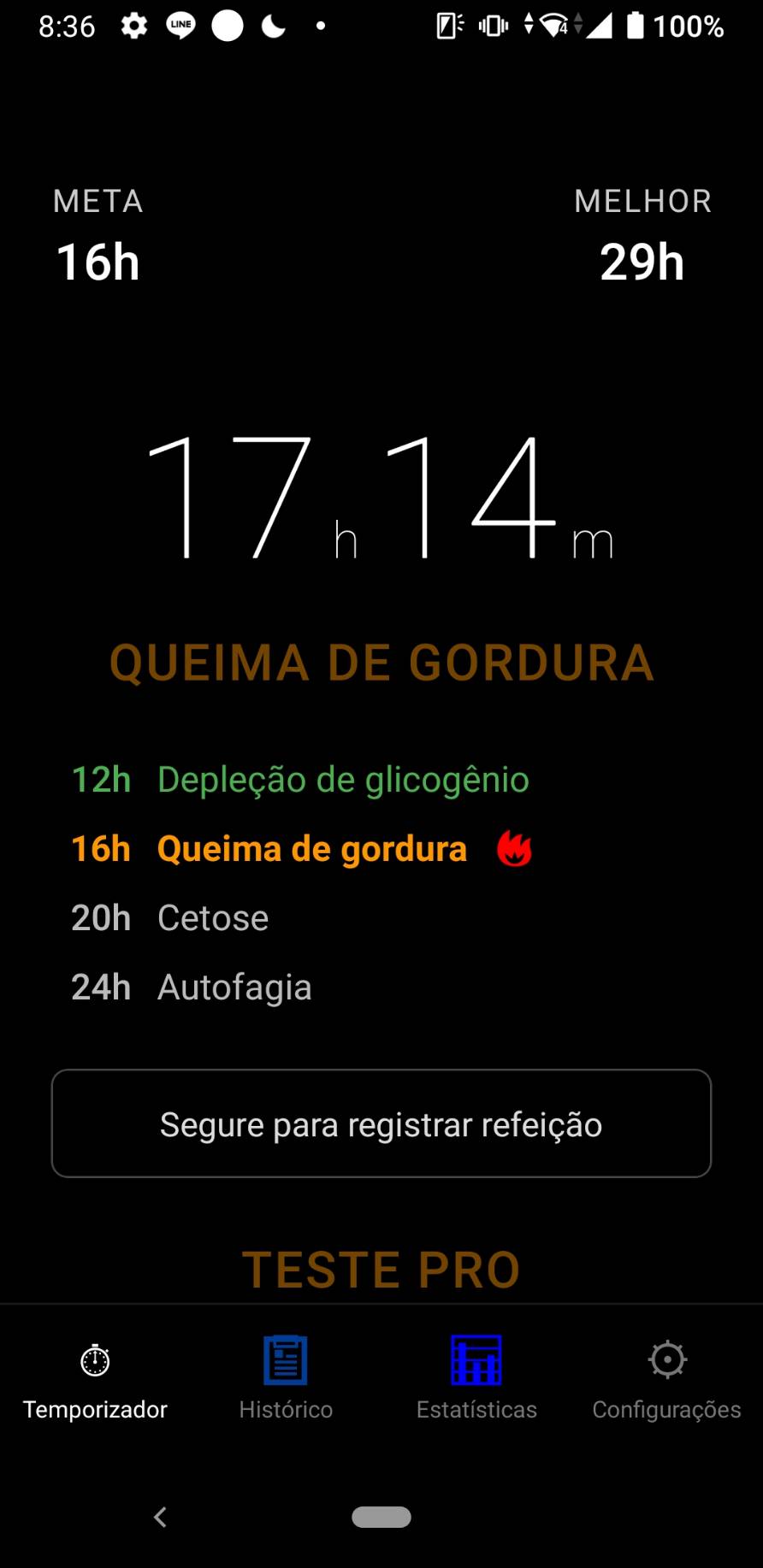 Temporizador com tempo desde a última refeição, meta e botão para registrar uma refeição
