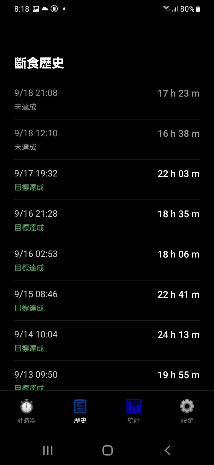 在歷史記錄中查看日期、時長及目標達成情況。